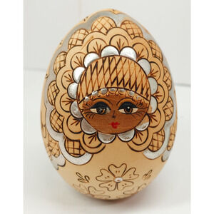 Russian Hand Painted Matryoshka Wooden Easter Egg Doll Girl 4" vtg brown silver